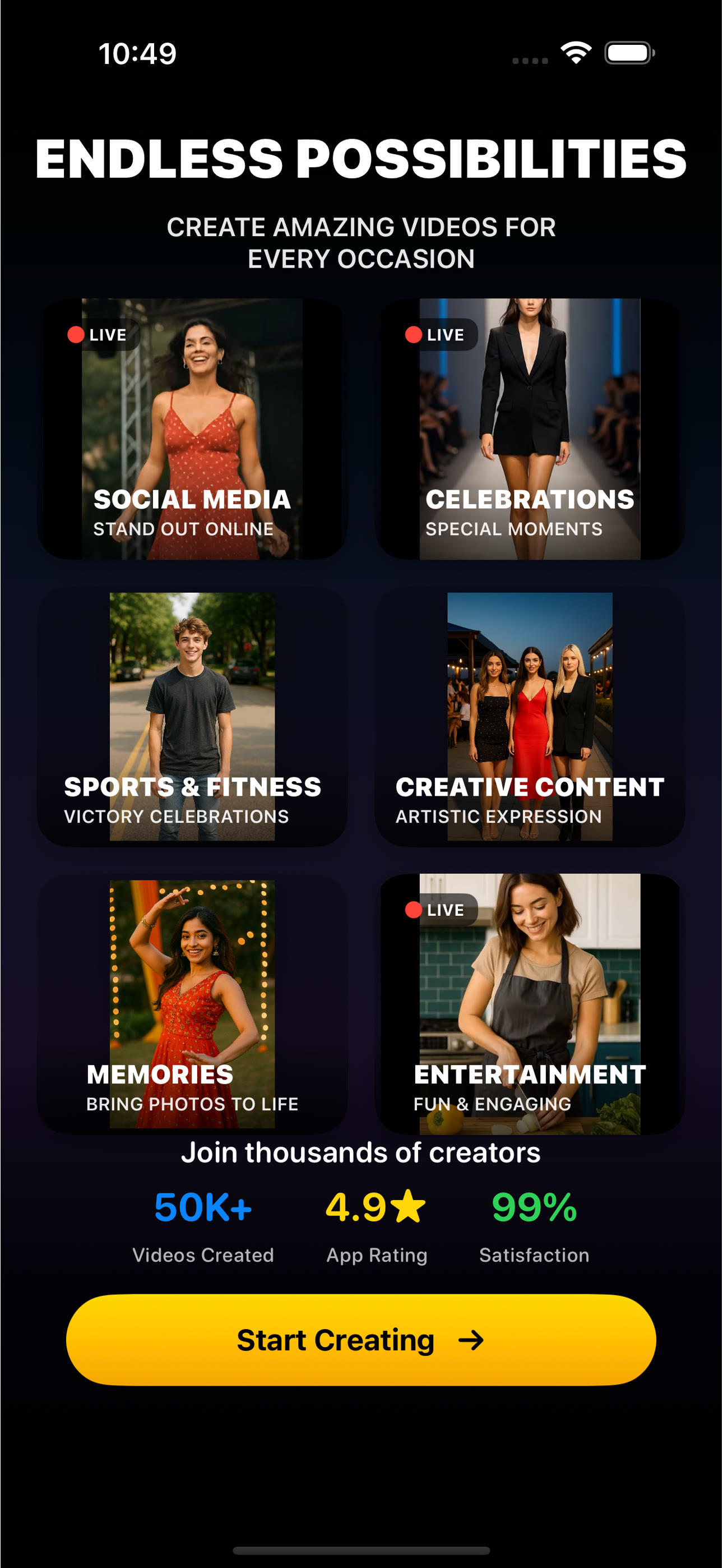 Browse 50+ action categories in AI Video app - Netflix-style interface for easy video creation